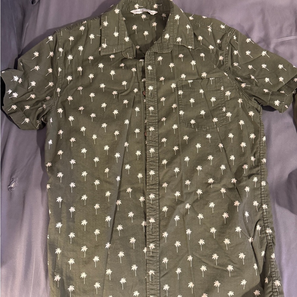 Bershka Olive Palm Print Casual Shirt